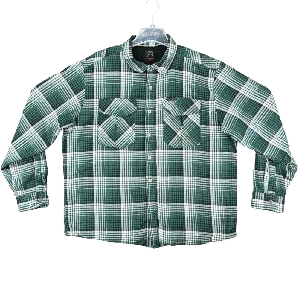 ATG Wrangler‎ Men's XL Regular Fit Lined Plaid Flannel Shirt Shacket Green White